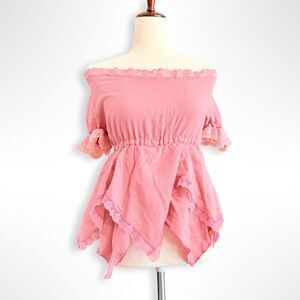 Fairycore Pink Off the Shoulder Handkerchief Hem Top, S/M, Coquette Summer